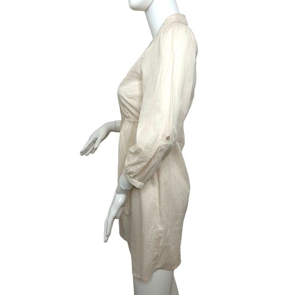 H&M Women’s Mini Dress 2 Peach Button Down 3/4 Sleeve Roll Tab Band Collar VNeck - Picture 12 of 14